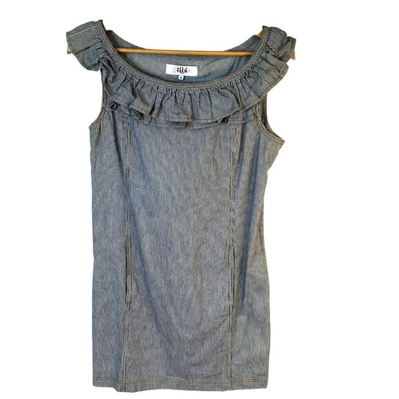 Tibi New York Woman’s Striped Ruffle Boat Neck Shift Dress Cotton Pockets Sz 6 - Picture 1 of 7